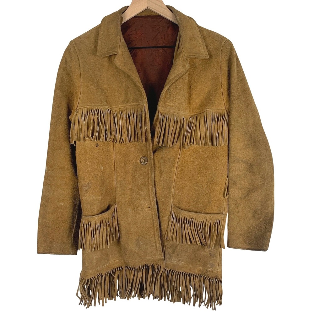 VTG Suede Leather Fringe Western Jacket Women's S Tan Brown Coat Distressed